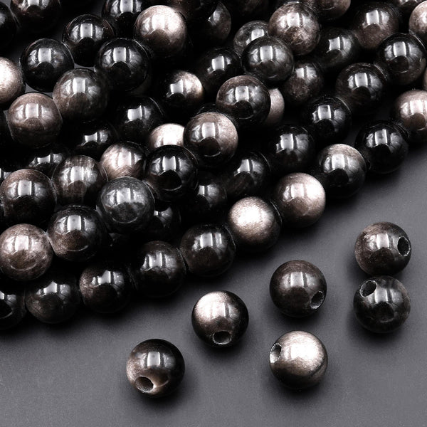 AAA Large Hole Beads 2mm 3mm Drill Natural Silver Obsidian 6mm 8mm 10mm 12mm Round Beads 8" Strand