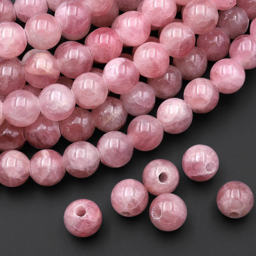 AAA Large Hole Beads 2mm 3mm Drill Natural Madagascar Mauve Pink Rose Quartz 9mm 10mm Round Beads 8" Strand