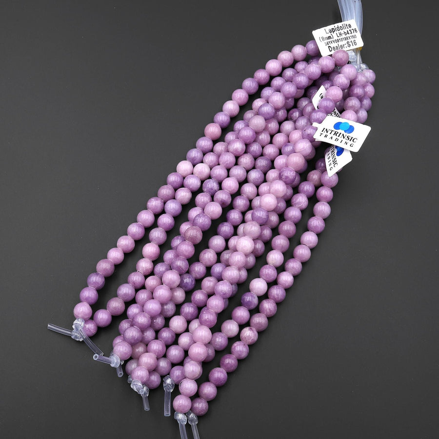 AAA Large Hole Beads 2.5mm Drill Natural Violet Purple Lepidolite 8mm Round Beads 8" Strand