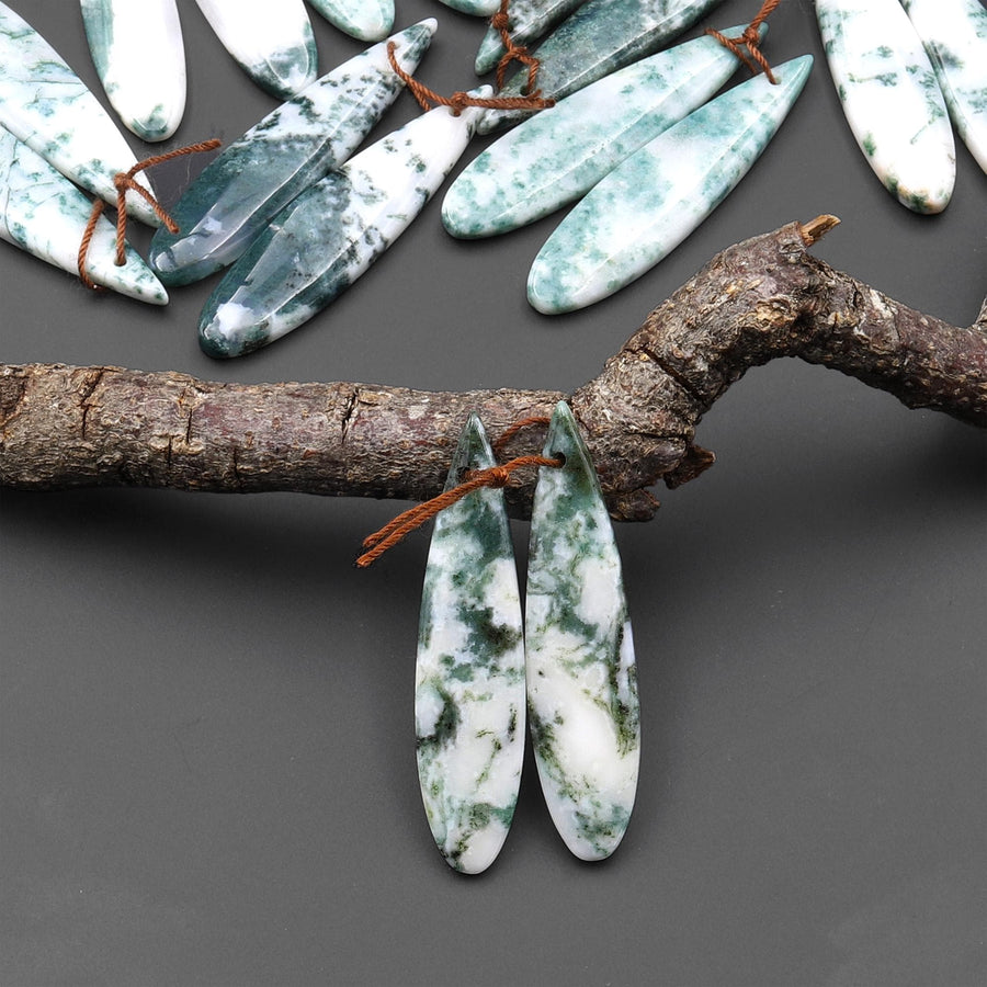 Natural Green Tree Agate Earring Pair Drilled Teardrop Cabochon Cab Pair Matched Gemstone Beads