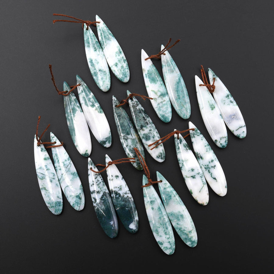 Natural Green Tree Agate Earring Pair Drilled Teardrop Cabochon Cab Pair Matched Gemstone Beads