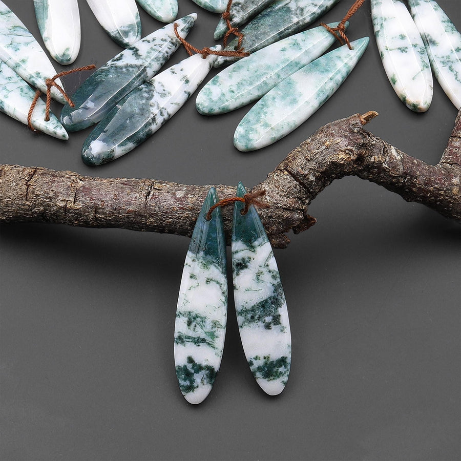 Natural Green Tree Agate Earring Pair Drilled Teardrop Cabochon Cab Pair Matched Gemstone Beads