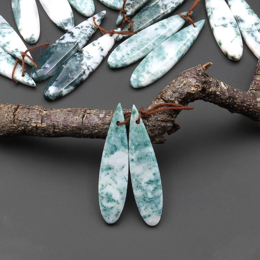 Natural Green Tree Agate Earring Pair Drilled Teardrop Cabochon Cab Pair Matched Gemstone Beads NWA5