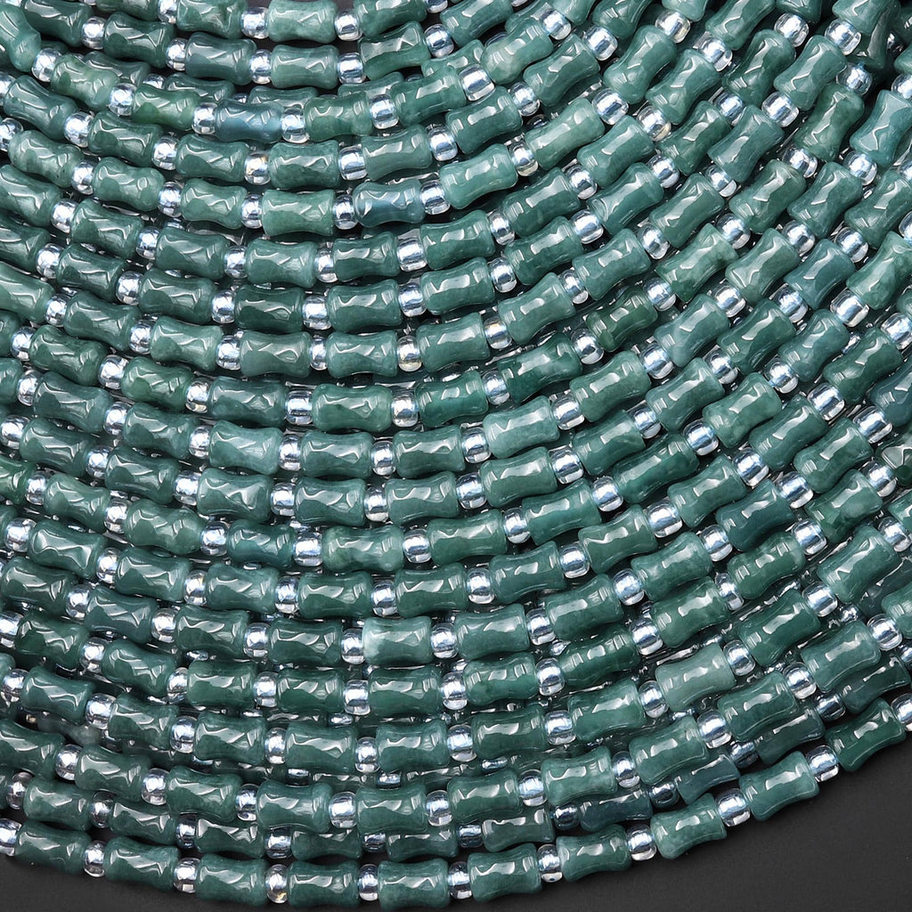 AAA Small Natural Guatemalan Jade Smooth Bamboo Tube Cylinder Beads 15.5" Strand