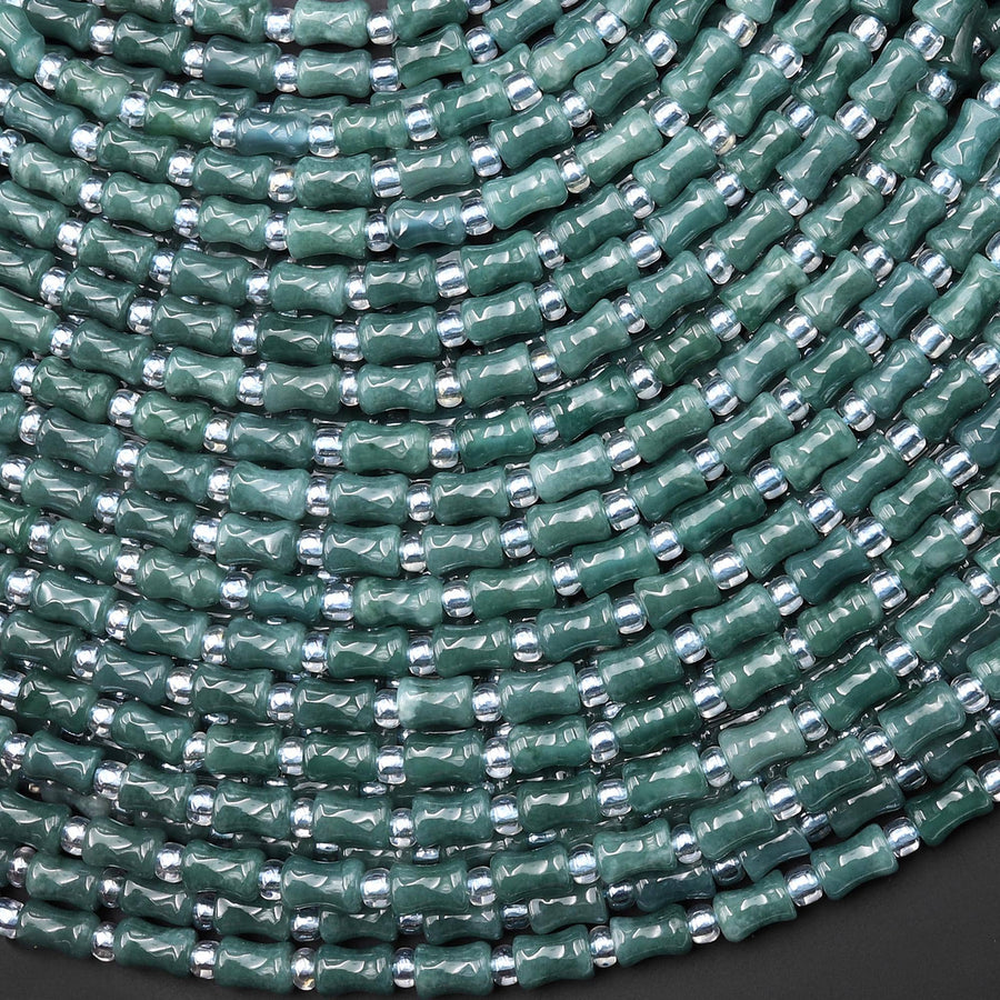 AAA Small Natural Guatemalan Jade Smooth Bamboo Tube Cylinder Beads 15.5" Strand