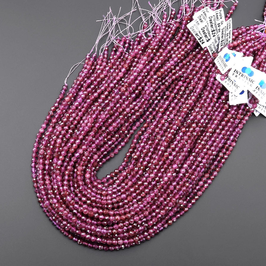 AAA Faceted Natural Raspberry Rhodolite Garnet 4mm Round Reddish Purple Gemstone Beads 15.5" Strand