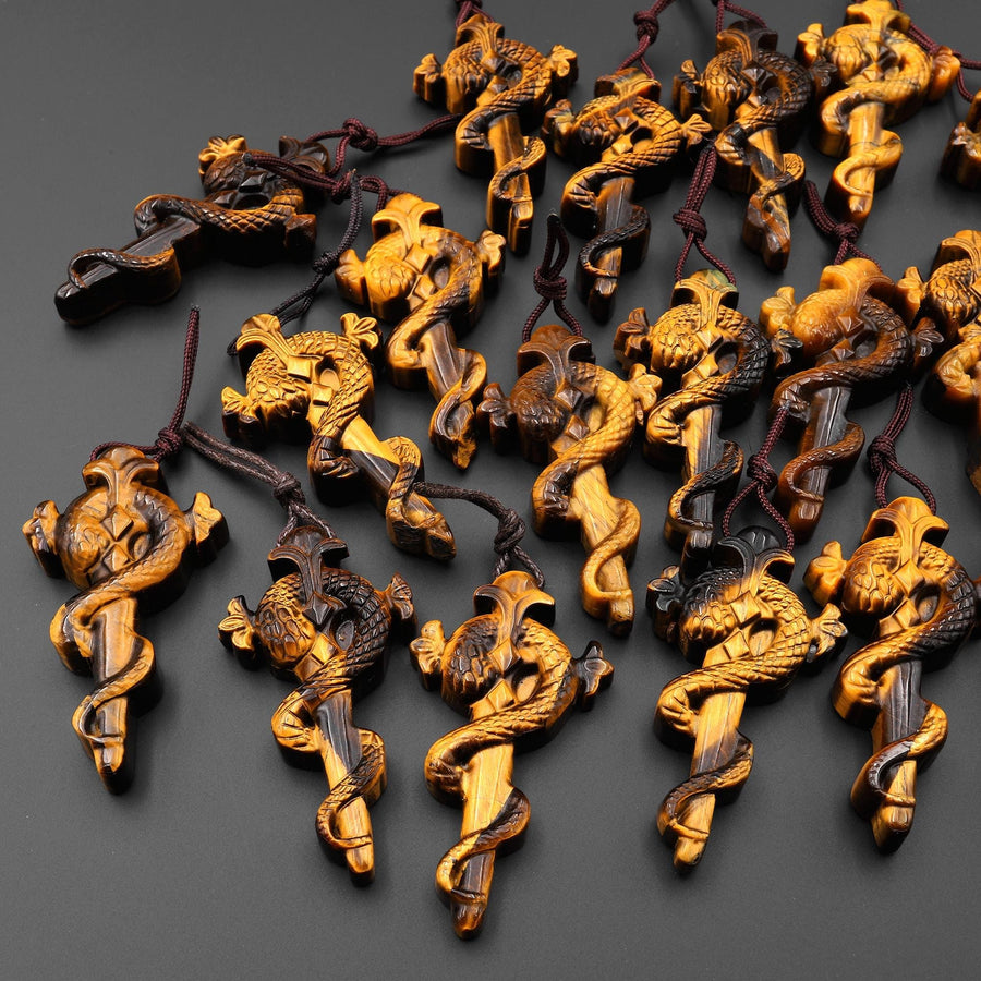 AAA Hand Carved Natural Tiger's Eye Snake Sword Pendant - Symbol of Wisdom and Transformation