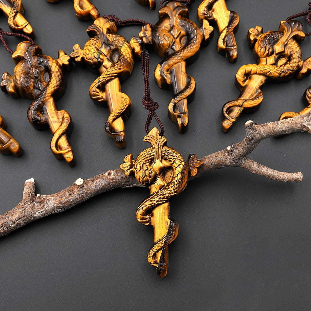 AAA Hand Carved Natural Tiger's Eye Snake Sword Pendant - Symbol of Wisdom and Transformation