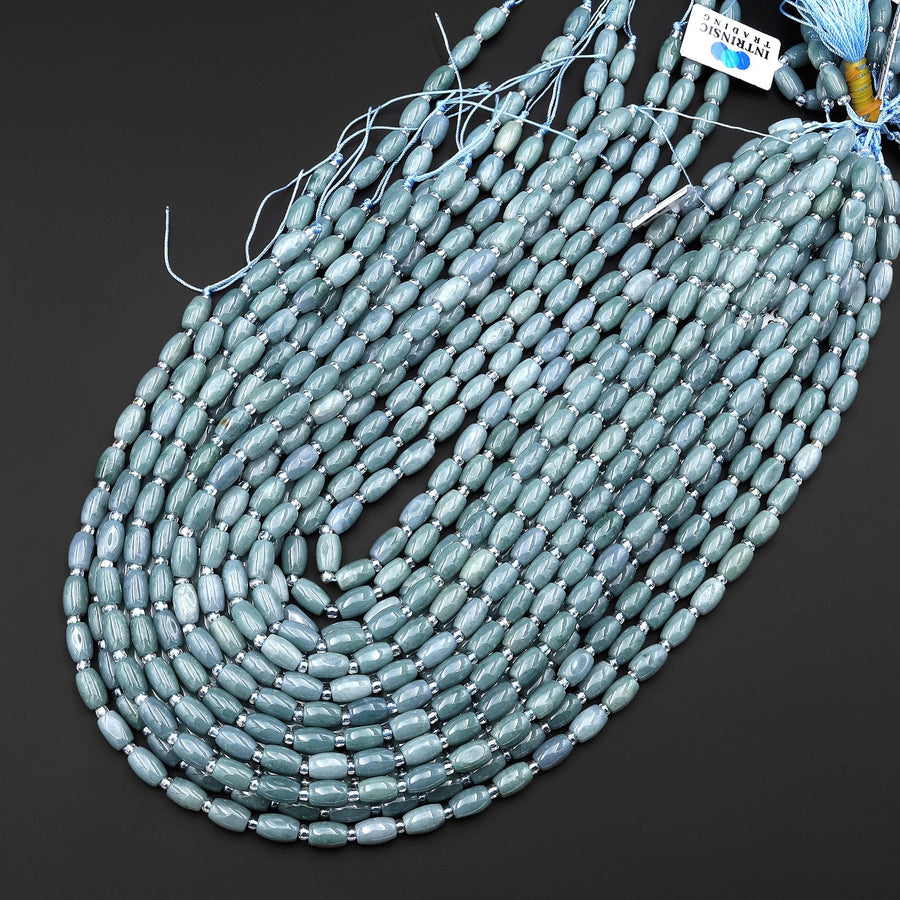 AAA Small Natural Guatemalan Jade Smooth Drum Barrel Rice Beads 15.5" Strand