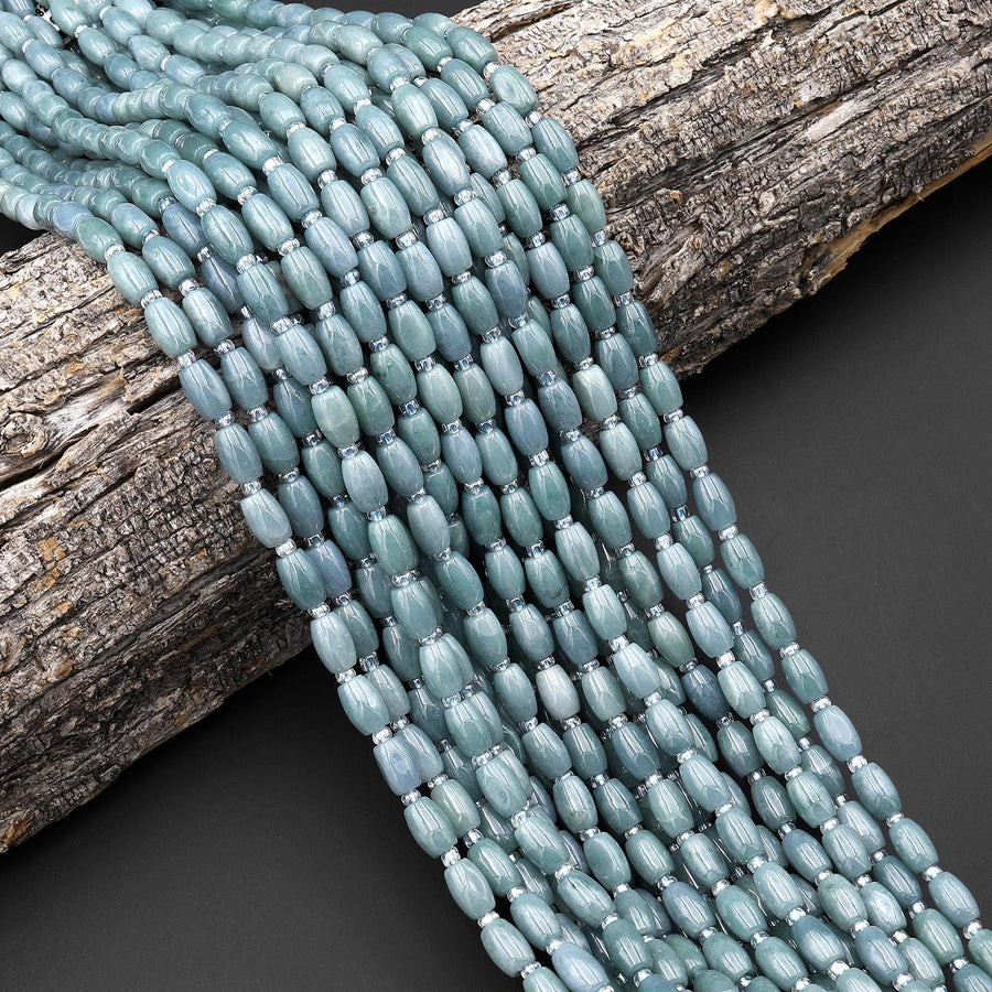 AAA Small Natural Guatemalan Jade Smooth Drum Barrel Rice Beads 15.5" Strand