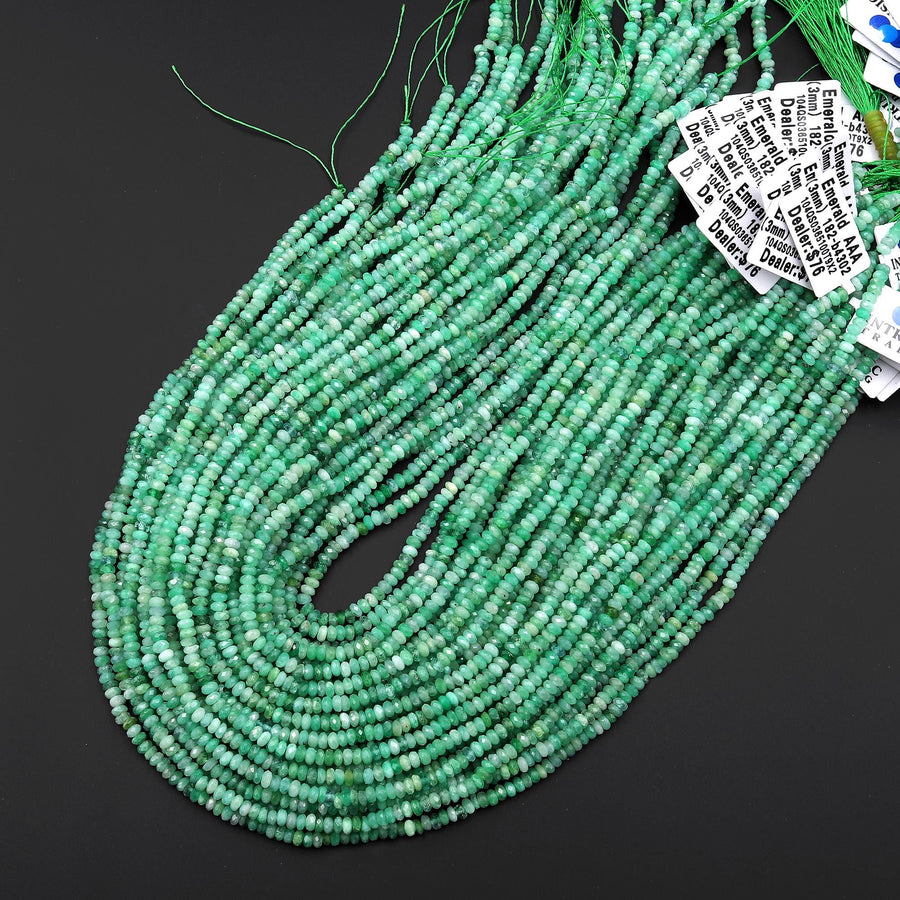 AAA Real Genuine Faceted Natural Green Emerald Gemstone 3mm 4mm Thin Rondelle Gemstone May Birthstone 15.5" Strand