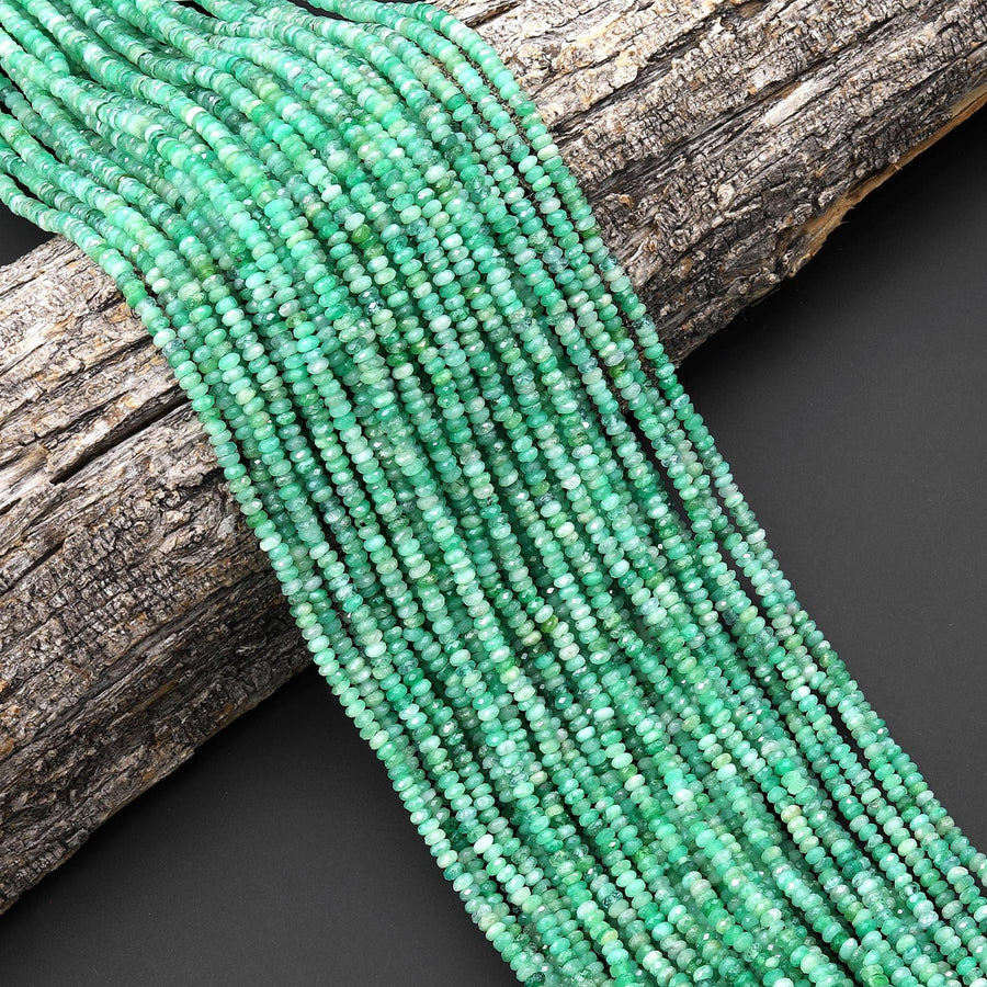 AAA Real Genuine Faceted Natural Green Emerald Gemstone 3mm 4mm Thin Rondelle Gemstone May Birthstone 15.5" Strand