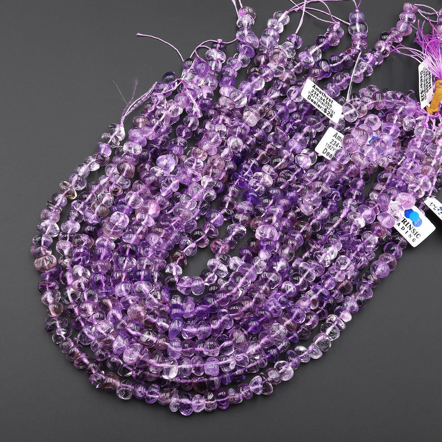 Extra Translucent Natural Purple Amethyst Beads Center Drilled Freeform Pebble Thick Nugget 15.5" Strand