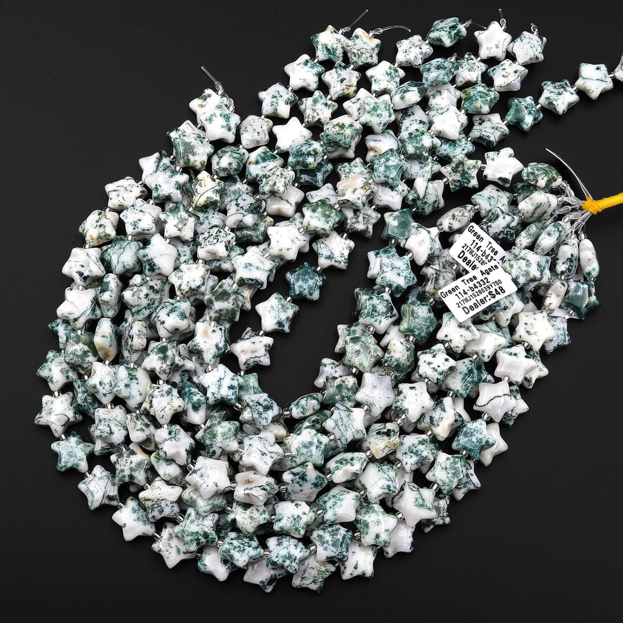 Natural Green Tree Agate Beads 16mm Puffy Star Gemstone 15.5" Strand