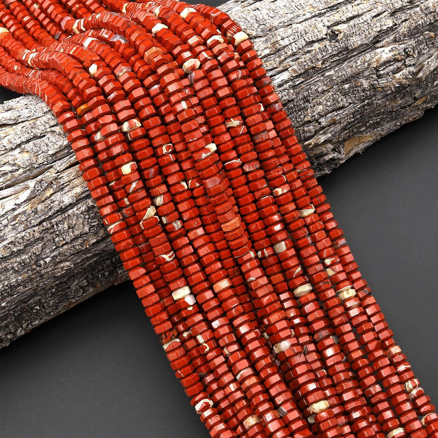 AAA Faceted Natural Red Brecciated River Jasper Beads 6mm hexagon Heishi Rondelle 15.5" Strand