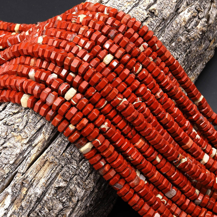 AAA Faceted Natural Red Brecciated River Jasper Beads 6mm hexagon Heishi Rondelle 15.5" Strand