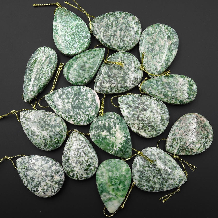 Natural Green Tree Agate Pendant Side Drilled Teardrop Gemstone