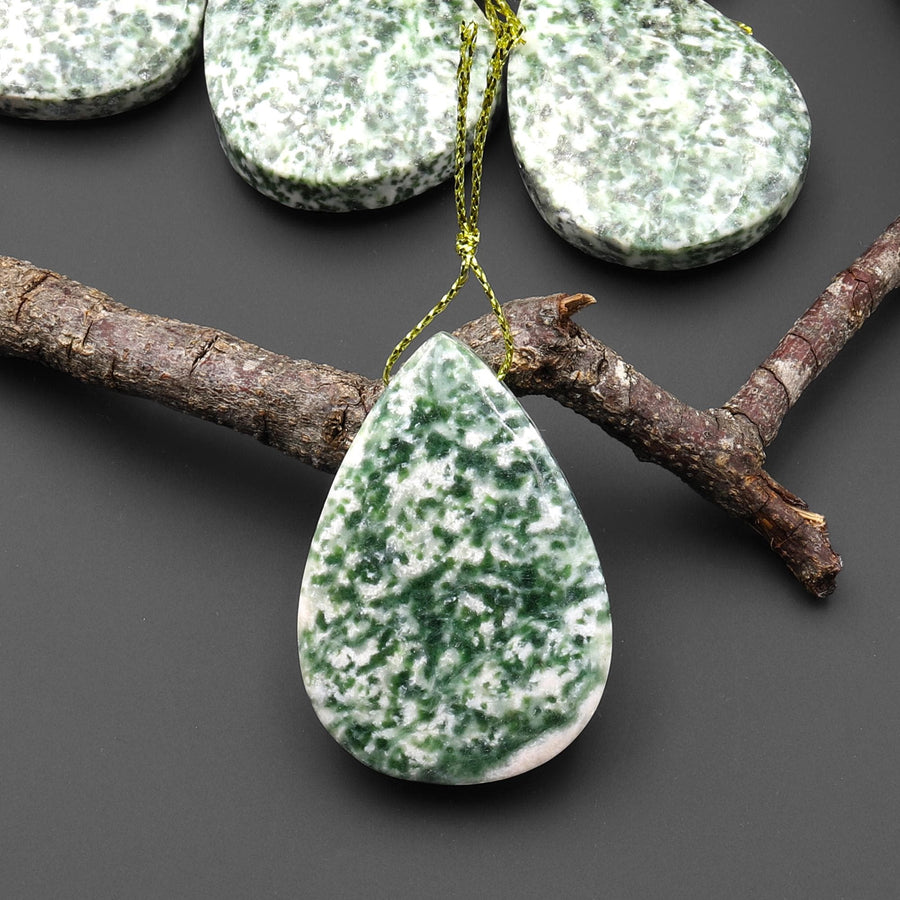 Natural Green Tree Agate Pendant Side Drilled Teardrop Gemstone