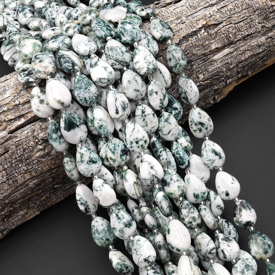 AAA Natural Green Tree Agate Beads Puffy Teardrop Vertically Drilled Gemstone 15.5" Strand