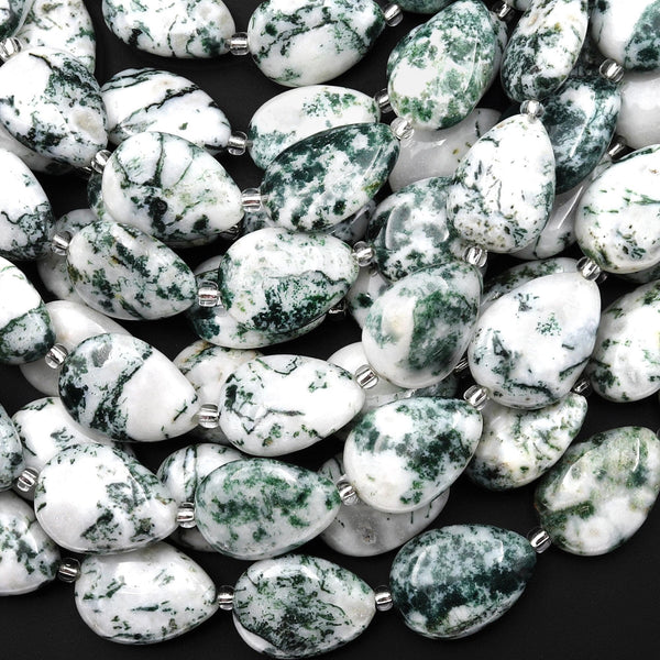 AAA Natural Green Tree Agate Beads Puffy Teardrop Vertically Drilled Gemstone 15.5" Strand