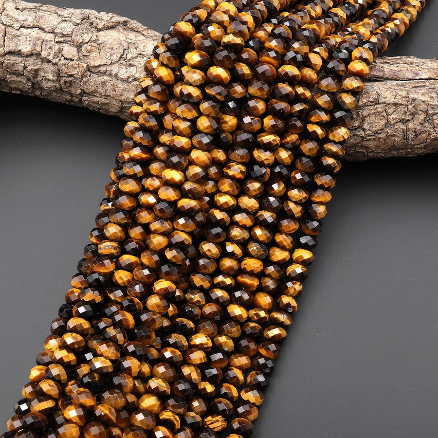 AAA Faceted Natural Tiger's Eye 8mm Rondelle Gemstone Beads 14.5" Strand