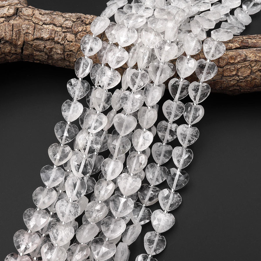 AAA Faceted Natural Rock Quartz Crystal Faceted Heart Beads 14mm Healing Gemstone 15.5" Strand