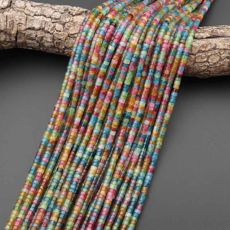 Tourmaline Agate Smooth 4mm Heishi Rondelle Beads Multicolor Pink Orange Mint Green Blue 15.5" Strand