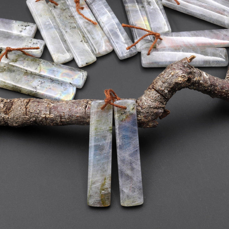 Natural Rainbow Labradorite Smooth Rectangle Earrings Drilled Matched Gemstone Bead Pair