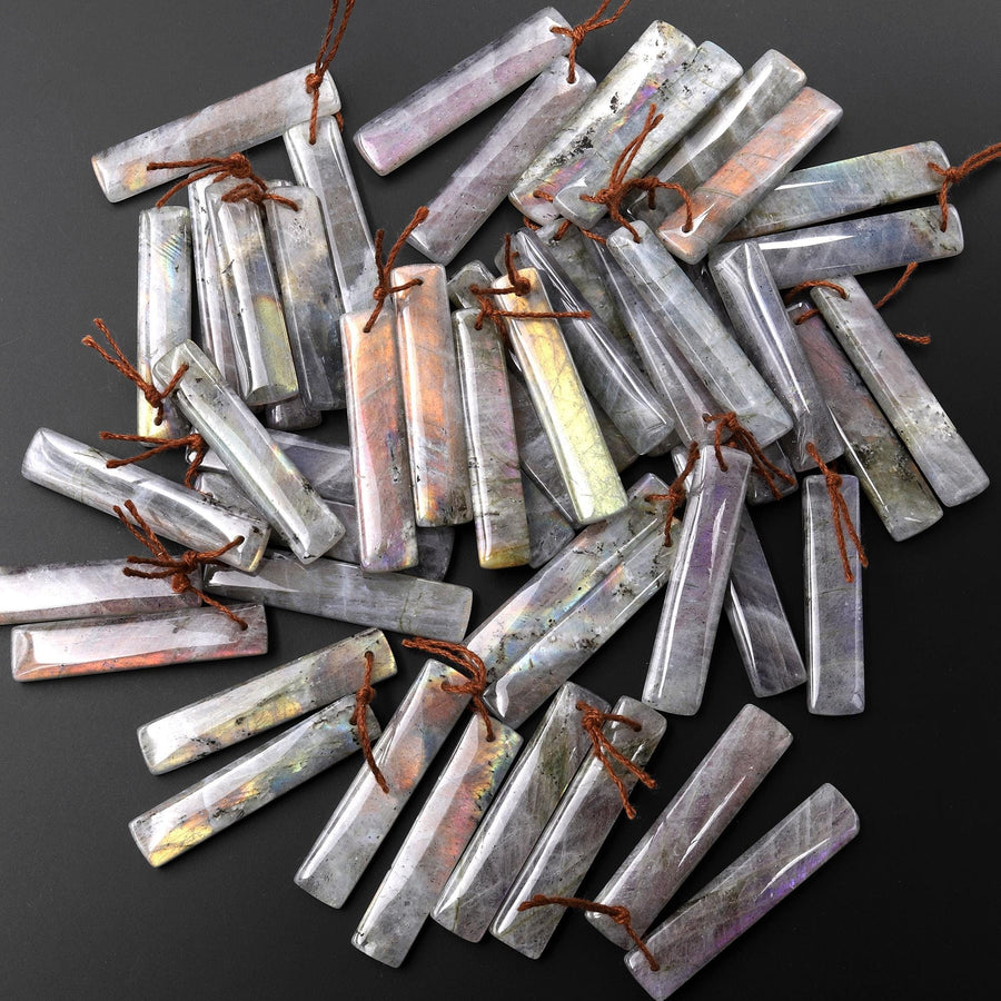 Natural Rainbow Labradorite Smooth Rectangle Earrings Drilled Matched Gemstone Bead Pair