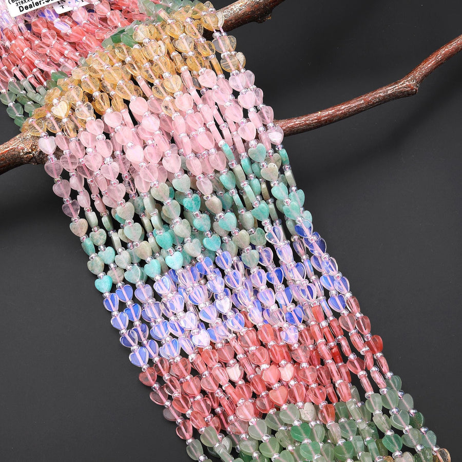 Natural Multicolor Gemstone Heart 6mm Beads Rose Quartz Amazonite Citrine Aventurine Cherry Quartz 15.5" Strand