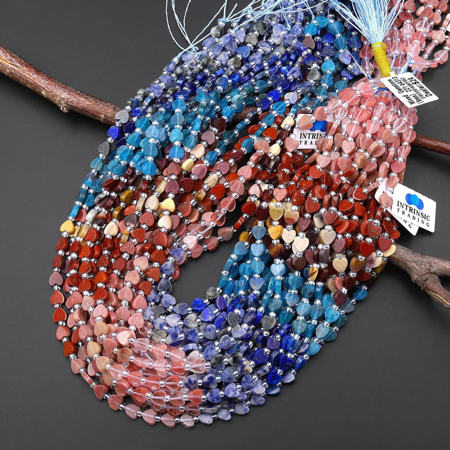 Natural Multicolor Gemstone Heart 6mm Beads Sodalite Lapis Apatite Sodalite Mookaite Red Jasper Rhodonite Cherry Quartz 15.5" Strand