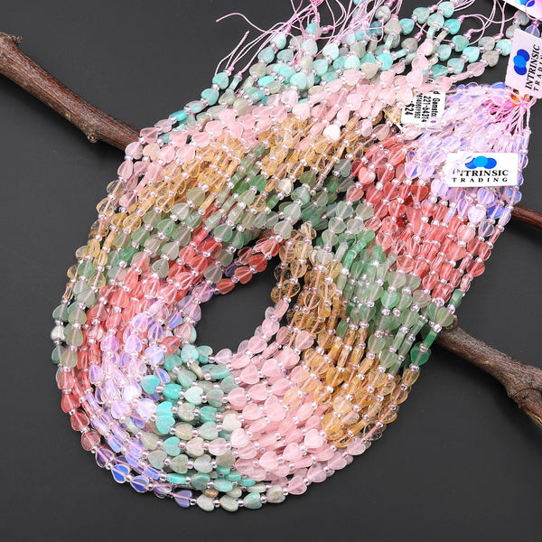 Natural Multicolor Gemstone Heart 6mm Beads Rose Quartz Amazonite Citrine Aventurine Cherry Quartz 15.5" Strand