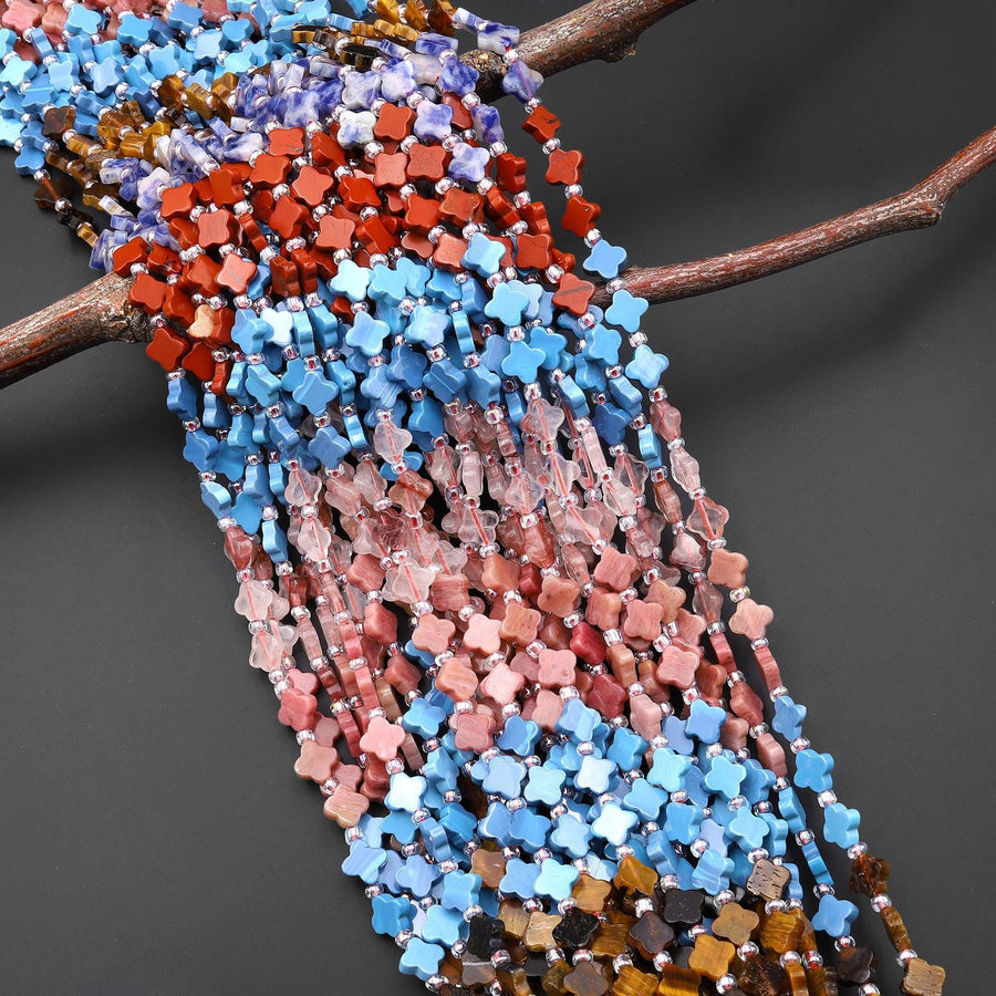 4 Four Leaf Clover Mixed Natural Gemstone Beads Natural Amazonite Tiger's Eye Aventurine Petrified Rhodonite Lapis 7mm 8mm 15.5" Strand