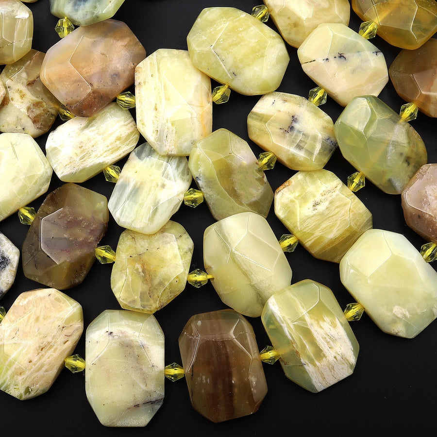 Natural Yellow Opal Faceted Rectangle Octagon Beads Center Drilled 15.5" Strand
