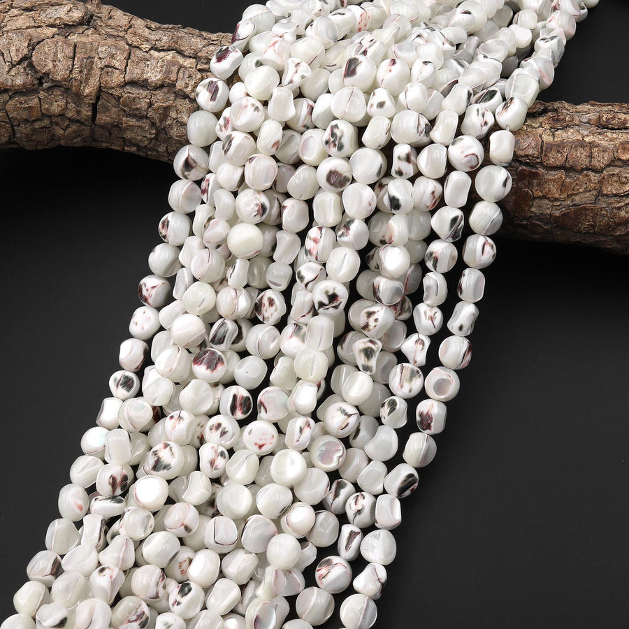 Natural White Mother of Pearl Rounded Nugget Beads Iridescent Shell 8mm 15.5" Strand