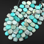 Large Natural Peruvian Amazonite Beads Faceted Octagon Rectangle Center Drilled Cushion Tile 15.5" Strand