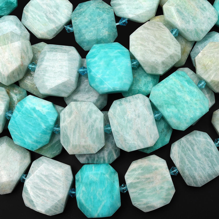 Large Natural Peruvian Amazonite Beads Faceted Octagon Rectangle Center Drilled Cushion Tile 15.5" Strand