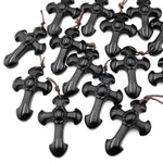 Two-Tone Natural Black Obsidian Cross Pendant – Polished & Matte Finish