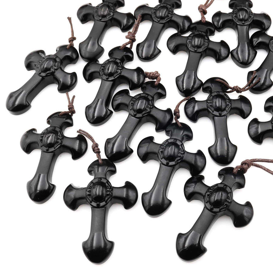 Two-Tone Natural Black Obsidian Cross Pendant – Polished & Matte Finish