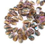 Natural Rainbow Fluorite Smooth Side Drilled Teardrop Focal Pendant Beads Honey Golden Yellow Green Mauve Colors 15.5" Strand