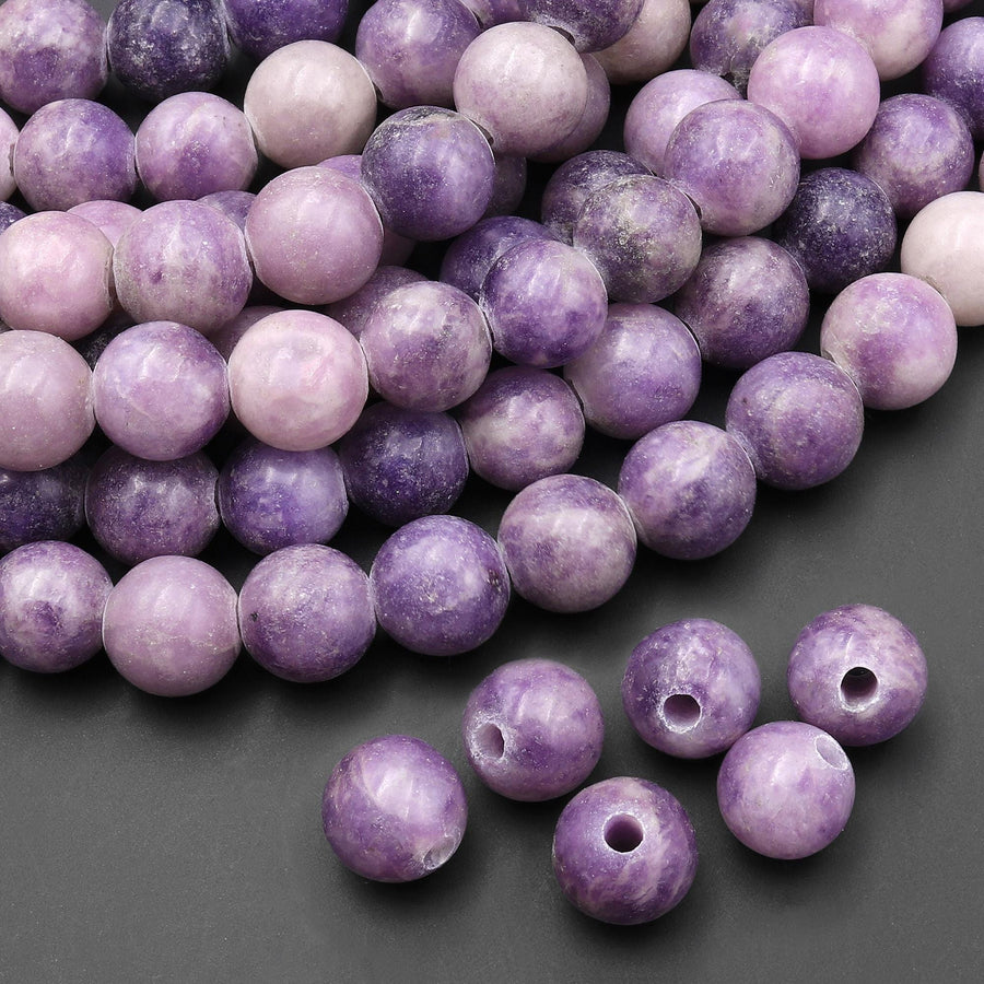 Large Hole Beads 2.5mm Drill Natural Purple Lepidolite 10mm Round Beads 8" Strand