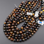 AAA Natural Golden Brown Blue Tiger's Eye Smooth 12mm Round Beads 15.5" Strand