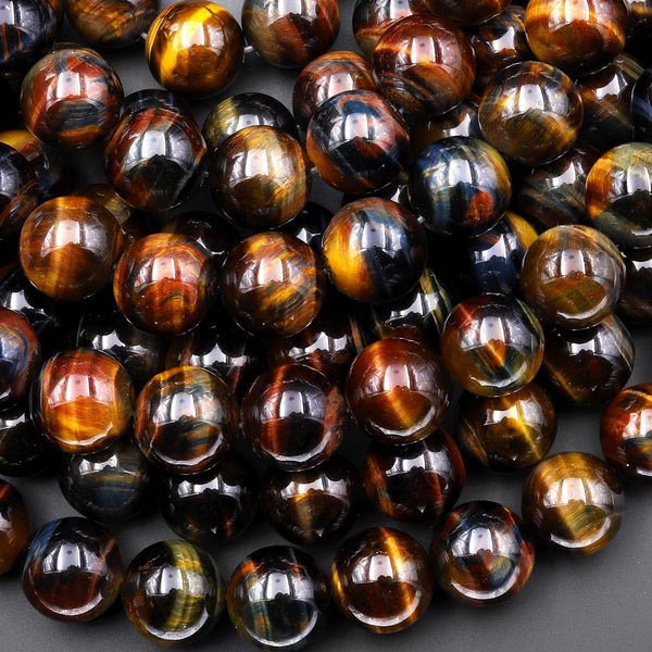 AAA Natural Golden Brown Blue Tiger's Eye Smooth 12mm Round Beads 15.5" Strand
