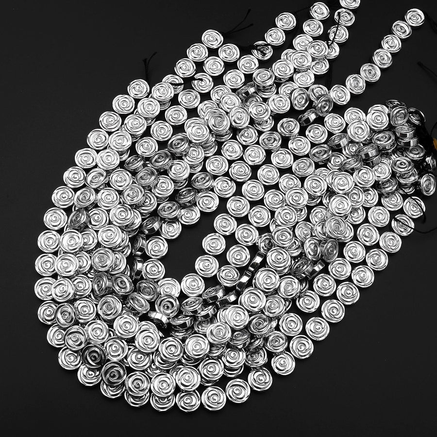 Silver Hematite Carved 12mm Rose Flower Coin Beads 15.5" Strand