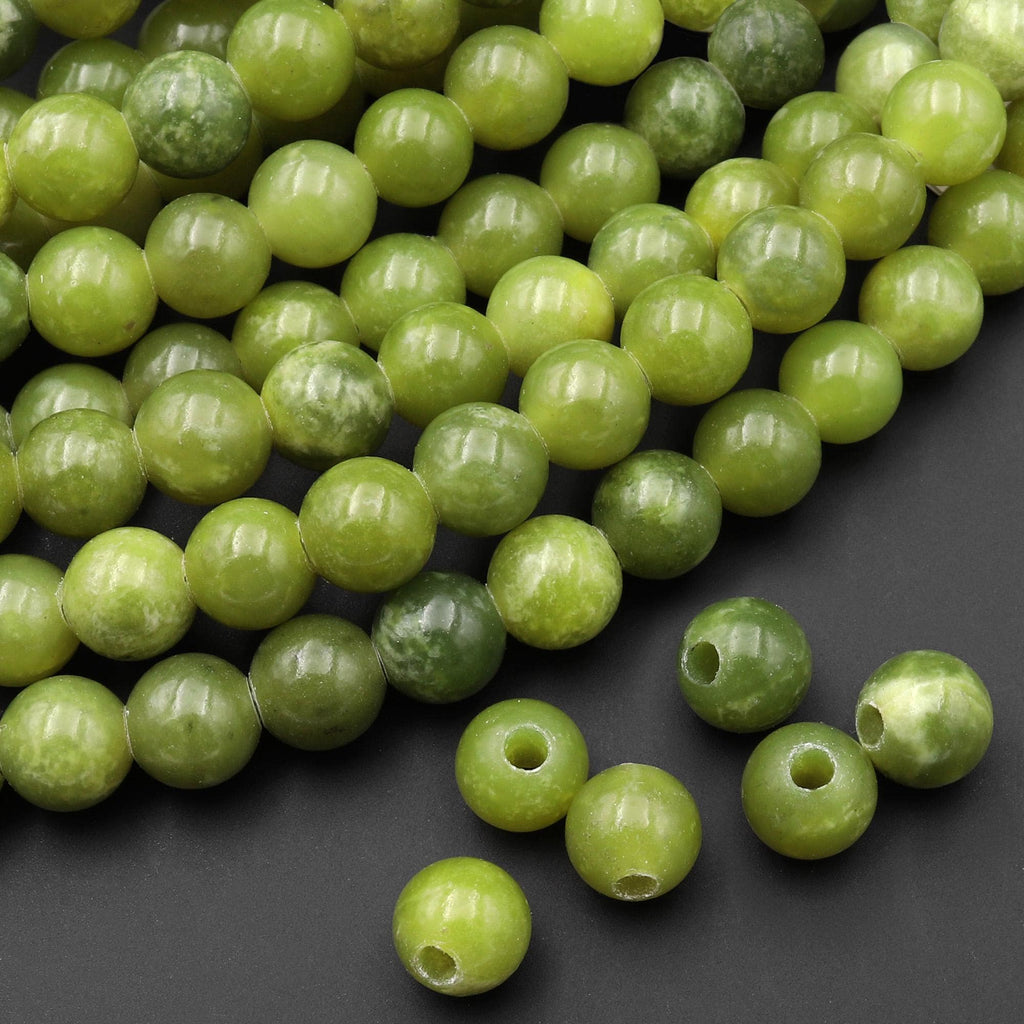 AAA Large Hole Beads 2.5mm Drill Natural Olive Jade 8mm Round Beads 8" Strand