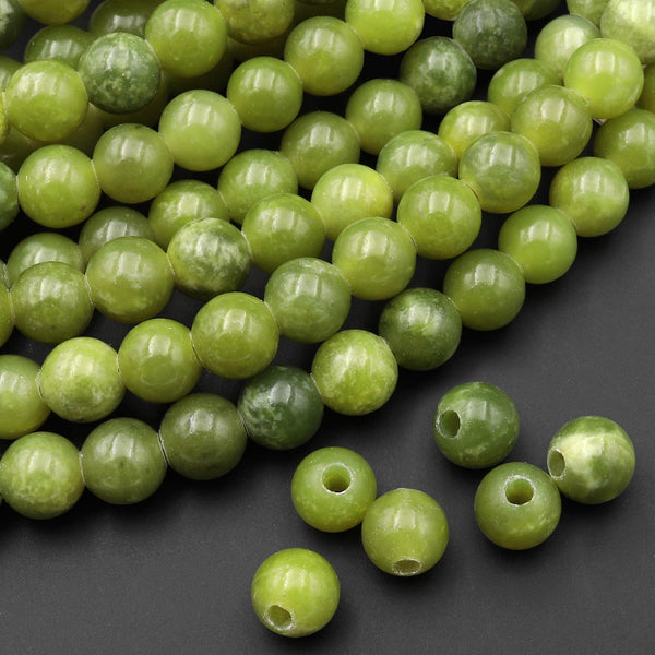 AAA Large Hole Beads 2.5mm Drill Natural Olive Jade 8mm Round Beads 8" Strand