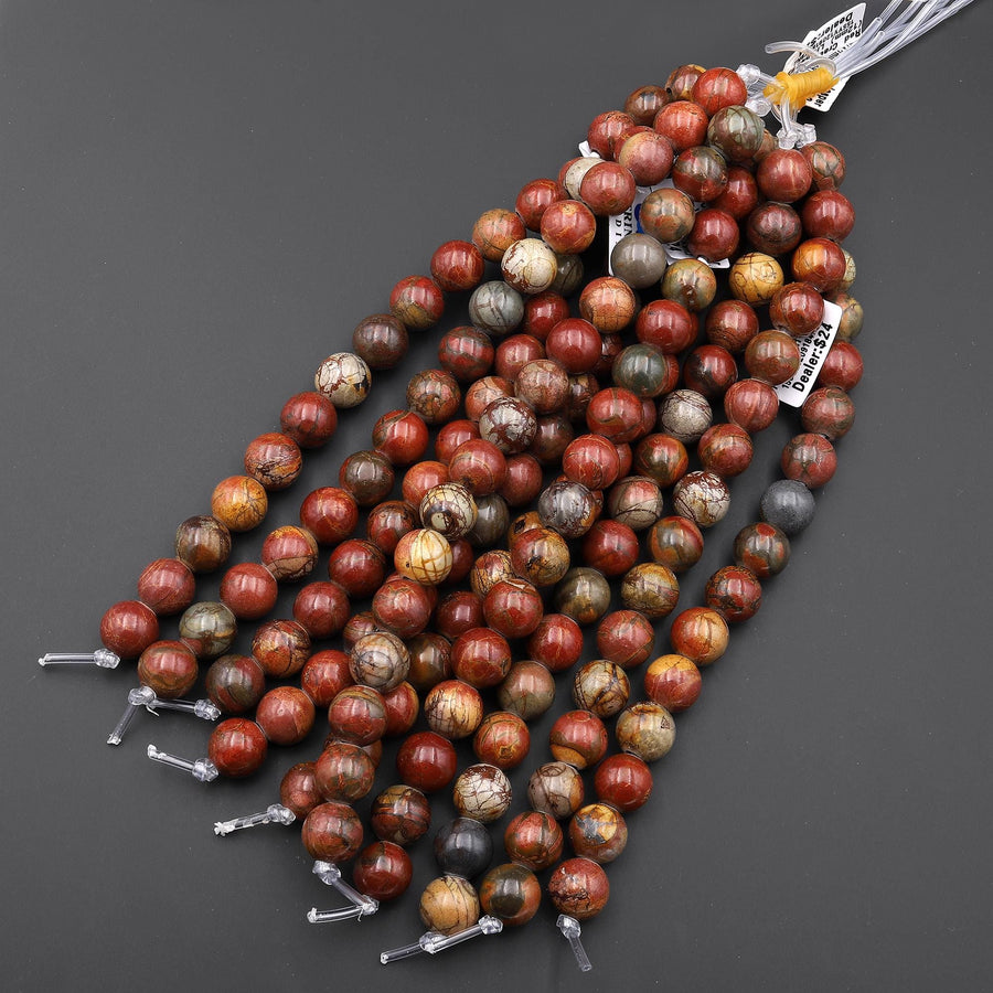 Large Hole Beads 3mm Drill Natural Red Creek Jasper 12mm Round Beads 8" Strand