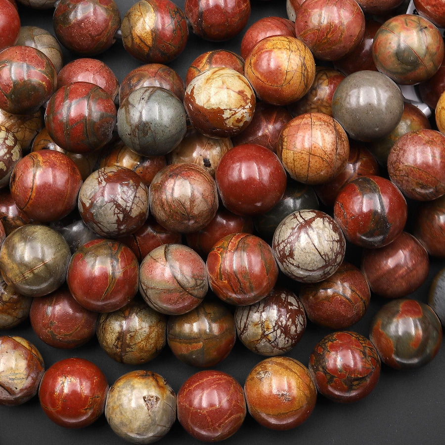 Large Hole Beads 3mm Drill Natural Red Creek Jasper 12mm Round Beads 8" Strand