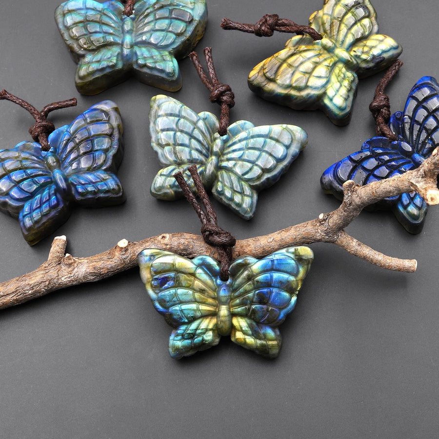 AAA Hand Carved Natural Labradorite Butterfly Pendant 3D