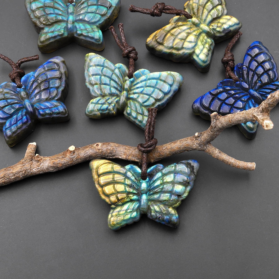 AAA Hand Carved Natural Labradorite Butterfly Pendant 3D